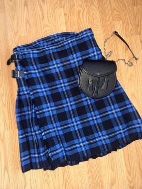 Mens Blue Plaid Kilt Size 34 Scottish Tartan Pleated w/ Sporran Utility Pouch